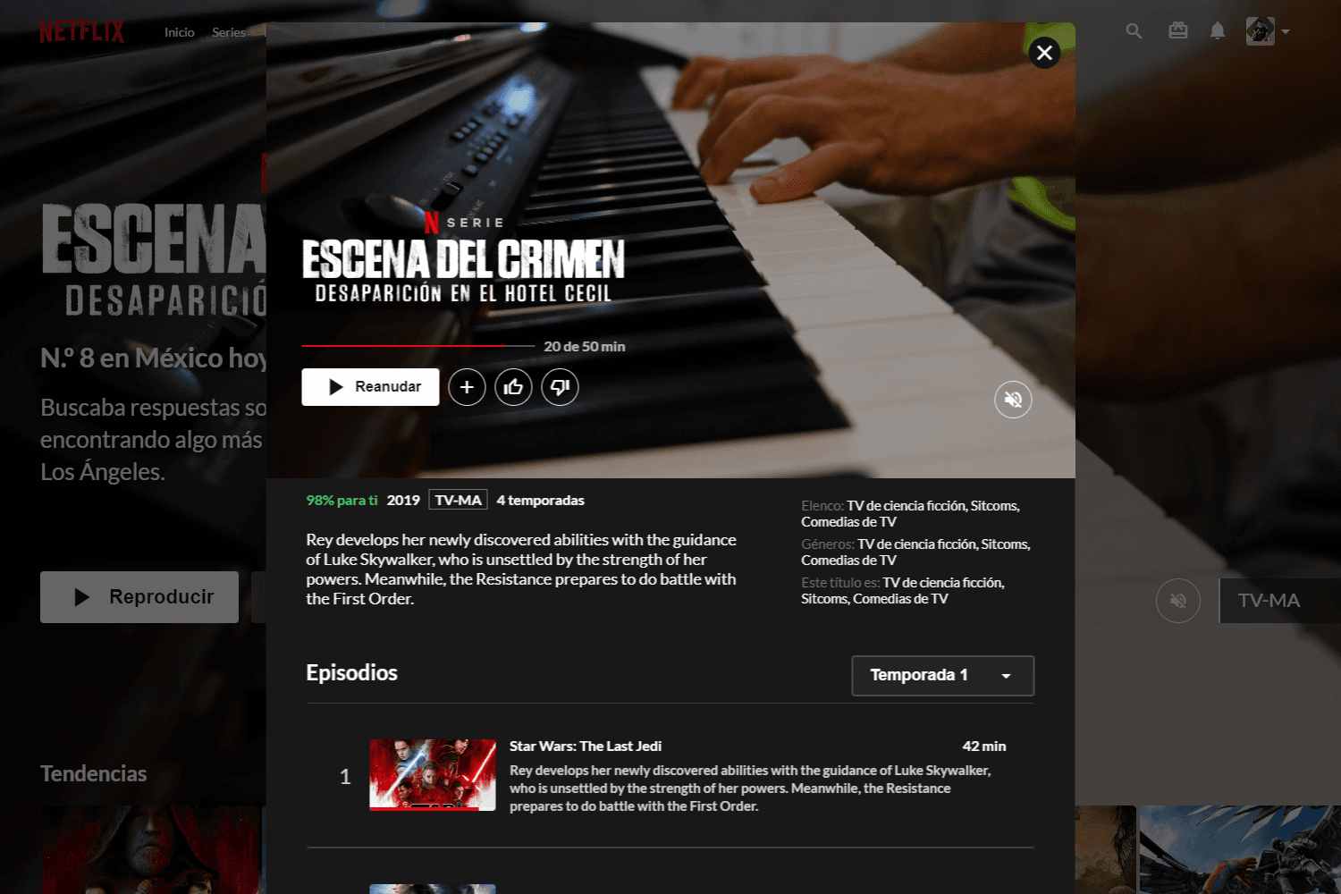 Imagen del modal con los detalles de una serie de mi proyecto "Netflix Layout".